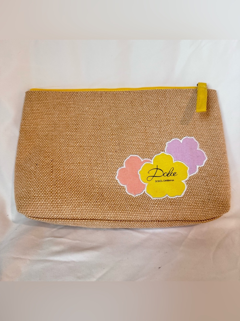 Dolce & Gabbana Beige Burlap Cosmetic Pouch Makeup Bag Yellow Lining Floral NWOT